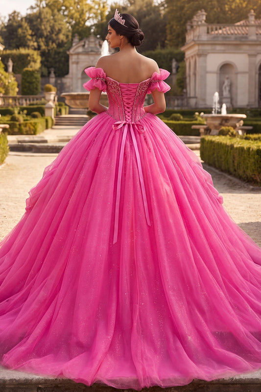 Fuchsia Off-the-Shoulder Beaded Ball Gown Quinceañera Dress