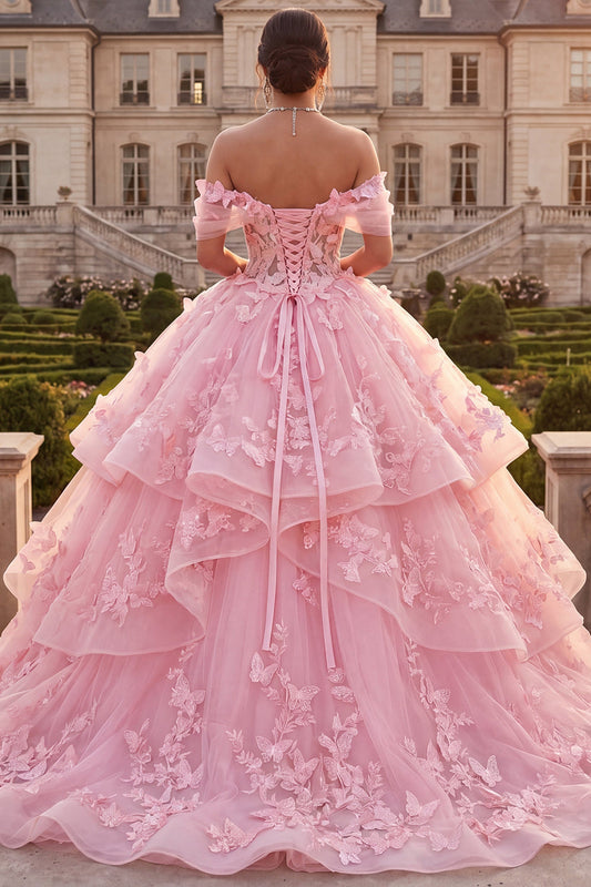 Robe de bal rose à épaules dénudées avec applications et volants pour quinceañera