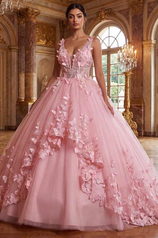 Robe de Quinceanera rose col en V avec applications