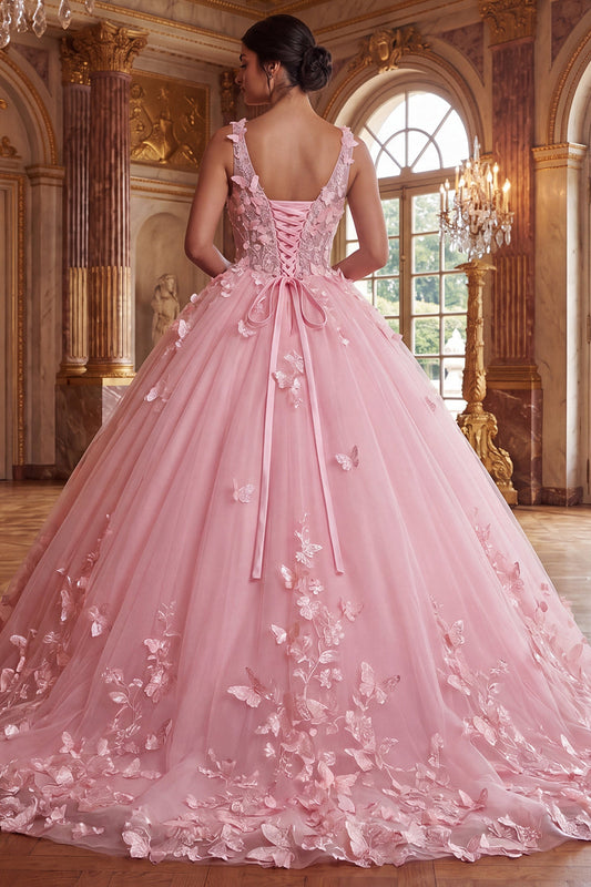 Robe de Quinceanera rose col en V avec applications