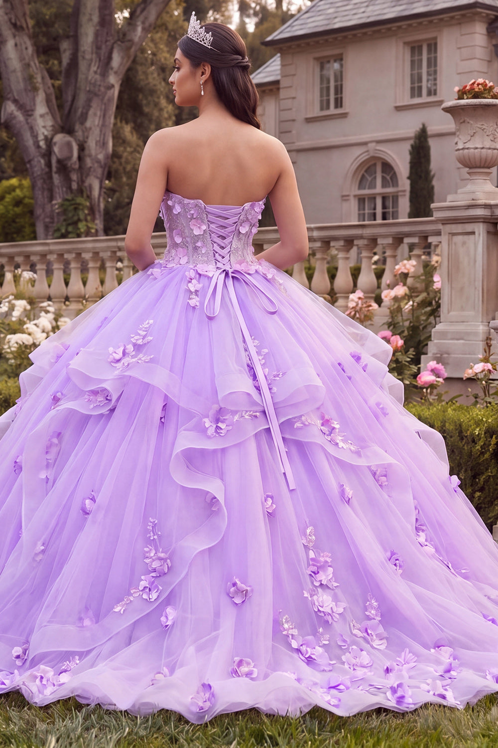 Robe de bal de quinceañera lilas bustier à volants avec fleurs 3D