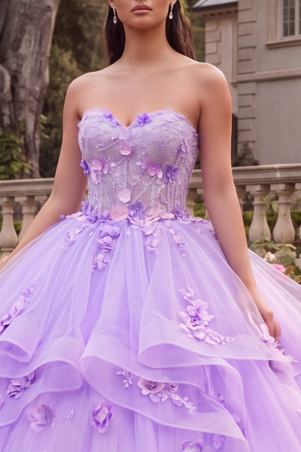 Robe de bal de quinceañera lilas bustier à volants avec fleurs 3D