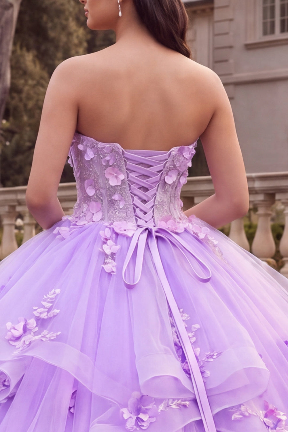 Robe de bal de quinceañera lilas bustier à volants avec fleurs 3D