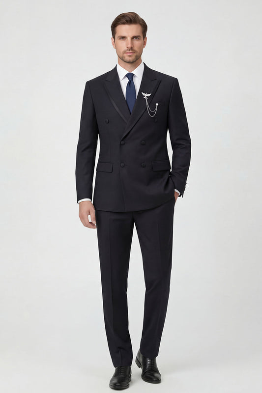 Costume de bal noir à double boutonnage deux pièces pour homme à revers en pointe