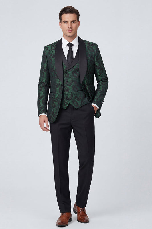 Costume de bal vert foncé 3 pièces pour homme avec revers châle et un bouton