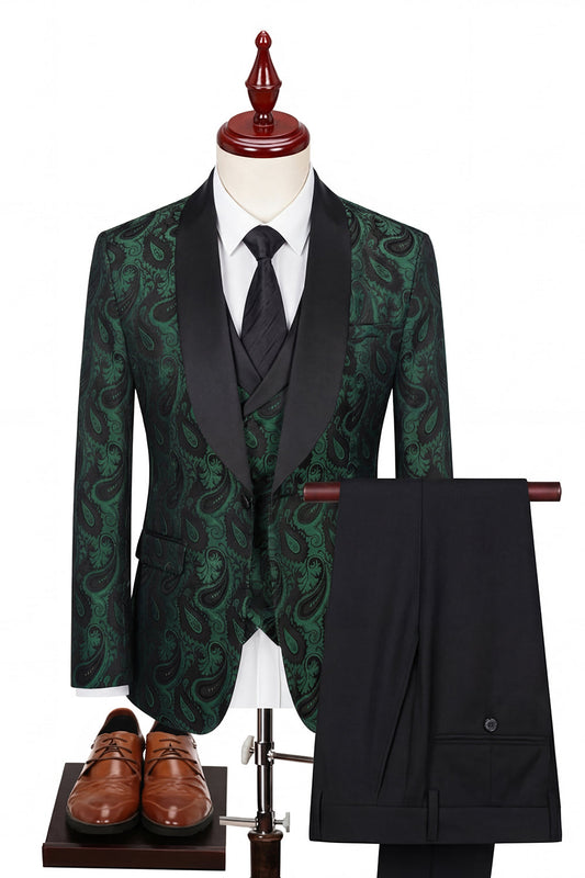 Costume de bal vert foncé 3 pièces pour homme avec revers châle et un bouton