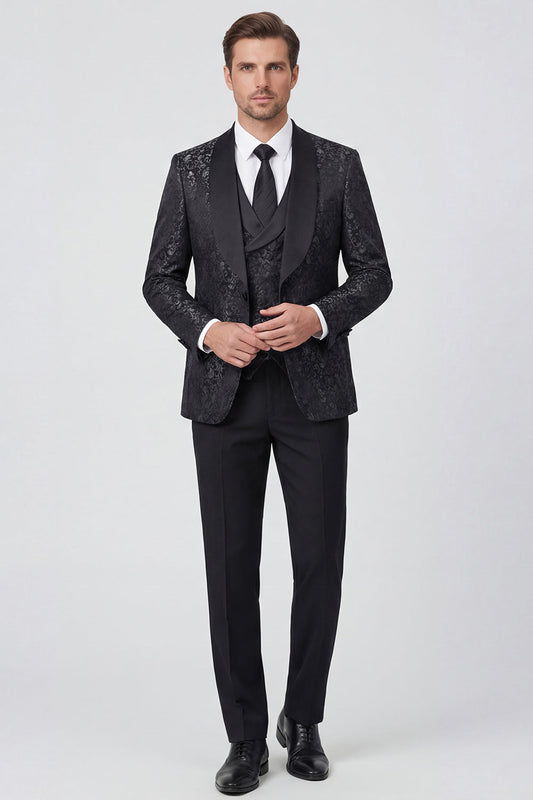 Costume de bal imprimé 3 pièces noir revers satiné un bouton pour homme