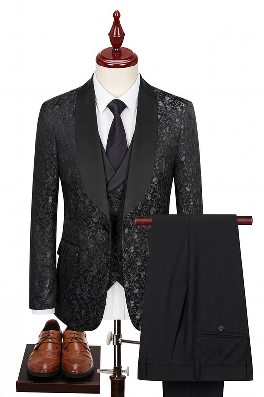 Costume de bal imprimé 3 pièces noir revers satiné un bouton pour homme