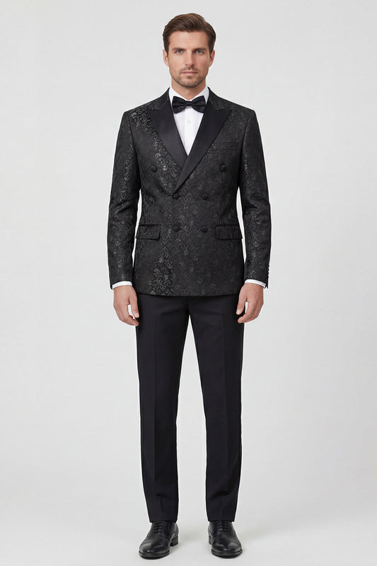 Costumes de mariage pour hommes à revers pointus croisés imprimés noirs en deux pièces