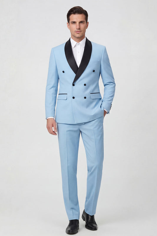 Costumes de bal pour hommes bleu clair 2 pièces à revers châle et double boutonnage