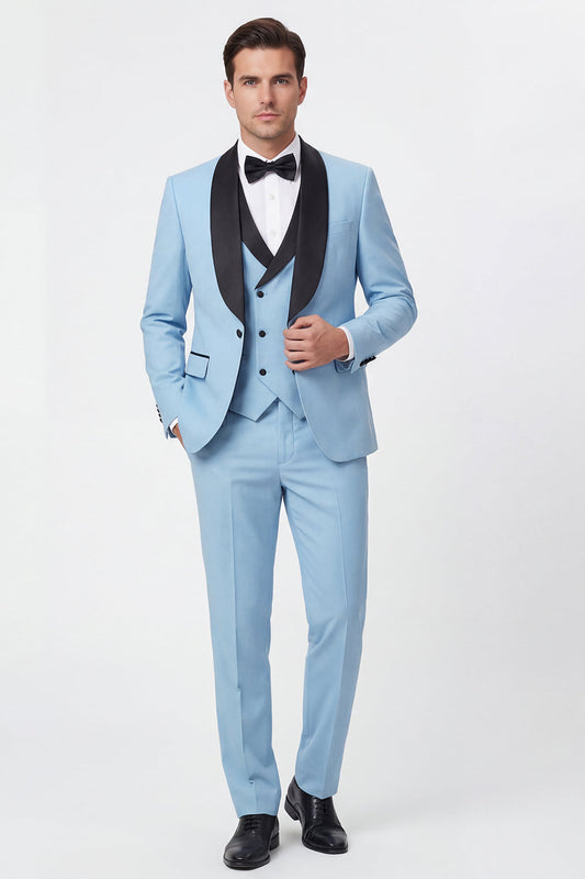 Costume de bal pour homme bleu clair 3 pièces, revers châle, un bouton