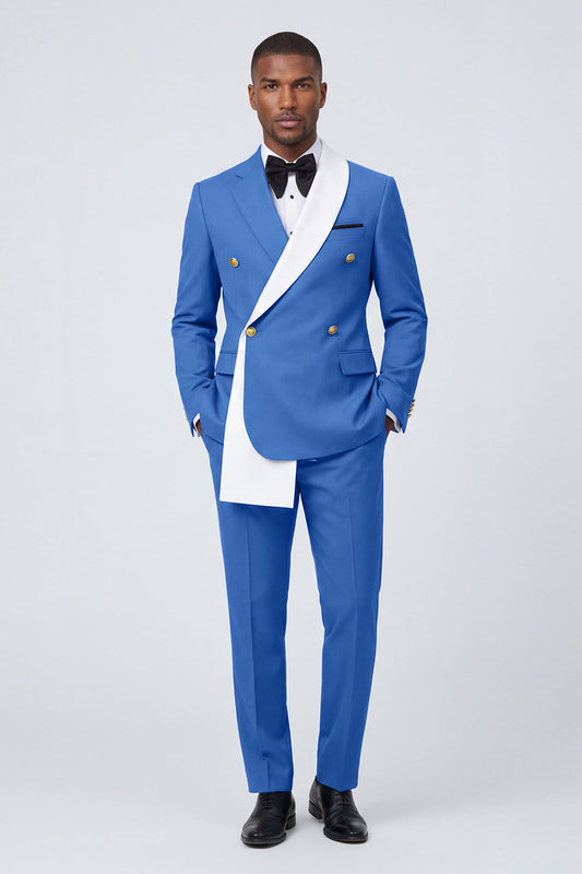 Costume de bal deux pièces bleu à revers crantés et double boutonnage pour homme