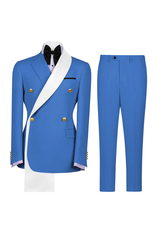 Costume de bal deux pièces bleu à revers crantés et double boutonnage pour homme