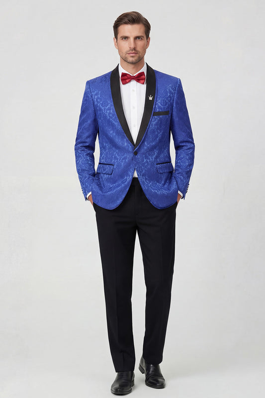 Costume de bal imprimé 2 pièces pour homme avec revers châle bleu roi et un bouton