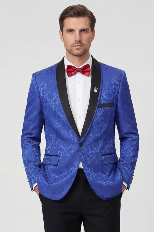 Costume de bal imprimé 2 pièces pour homme avec revers châle bleu roi et un bouton