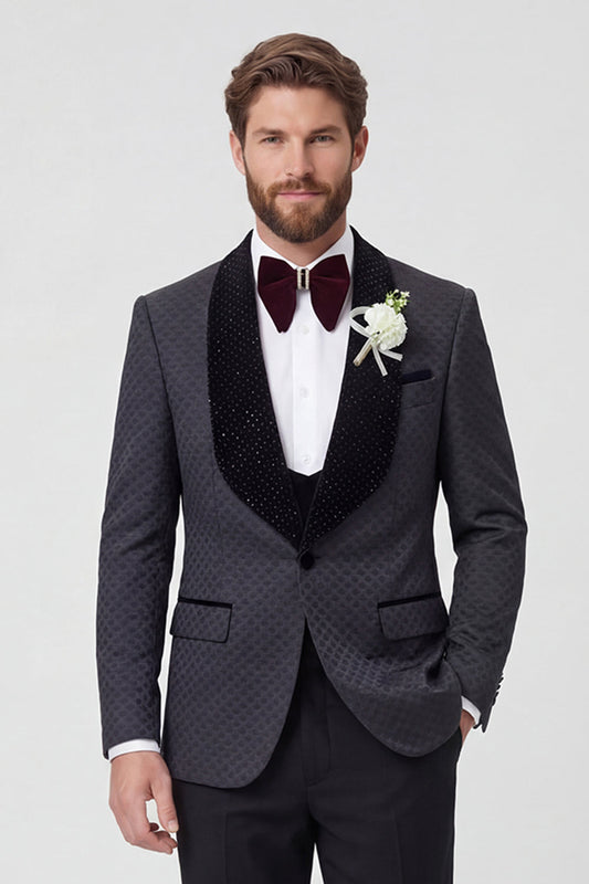 Costume de mariage homme 2 pièces noir, avec revers châle, un bouton et perles