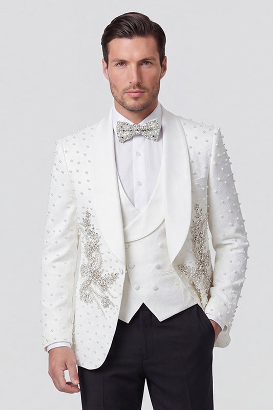 Costume de Mariage Homme Blanc 3 Pièces à Revers Châle et Un Bouton, avec Perles