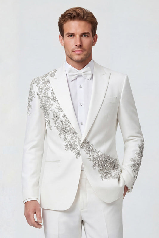 Costume de mariage 2 pièces blanc à revers pointus et un bouton pour homme avec perles