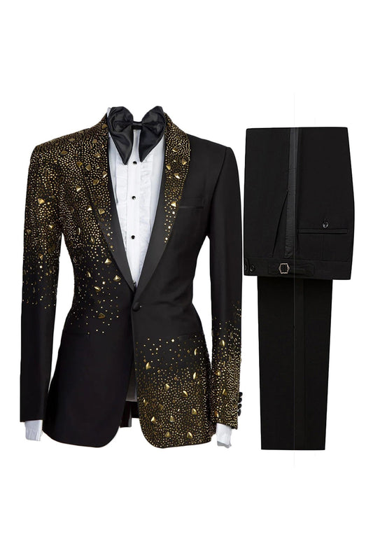 Costume de bal deux pièces noir pour hommes avec col châle, bouton unique et perles