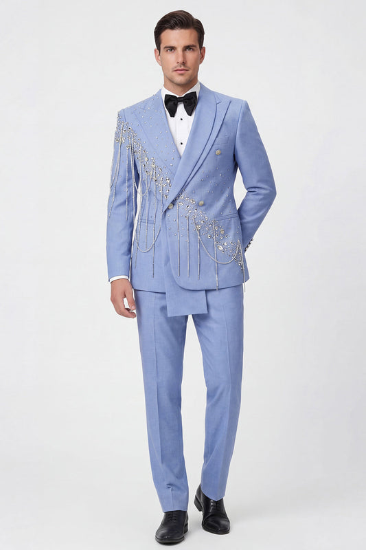 Costume de bal deux pièces pour homme bleu clair à double boutonnage avec revers châle et perles