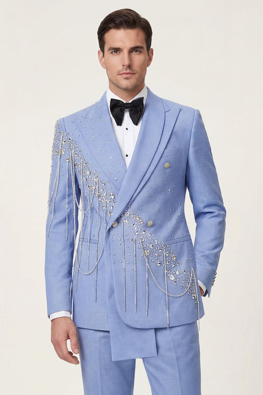 Costume de bal deux pièces pour homme bleu clair à double boutonnage avec revers châle et perles