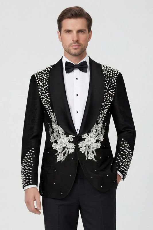 Costume de mariage 2 pièces pour homme avec revers châle noir, un bouton et perles