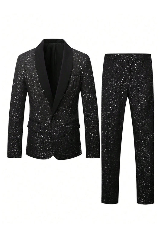 Costumes 2 pièces noirs à revers châle à paillettes pour hommes à un bouton
