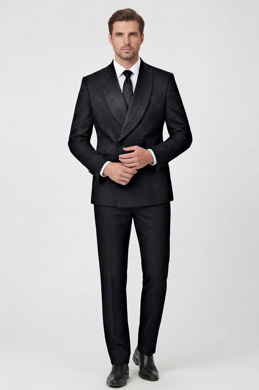 Costumes de bal pour homme en jacquard noir deux pièces à un bouton avec revers châle et perles