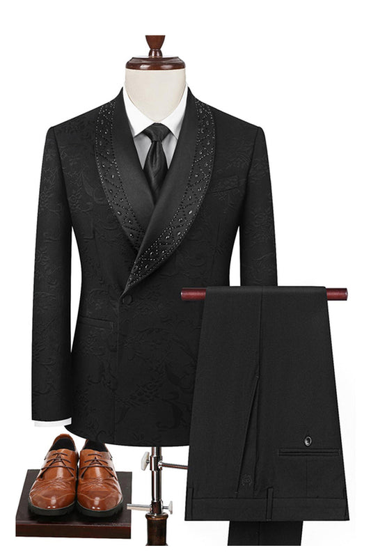 Costumes de bal pour homme en jacquard noir deux pièces à un bouton avec revers châle et perles