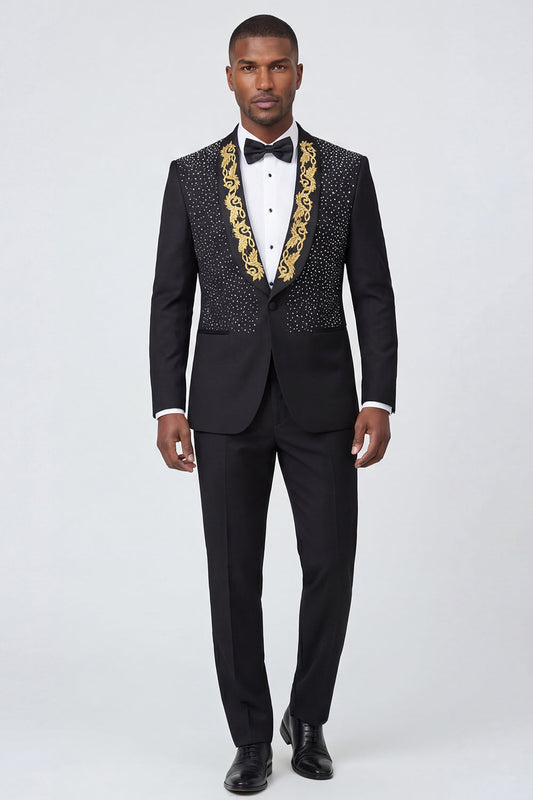 Costumes de bal pour homme noirs à revers en satin, perlés, un bouton