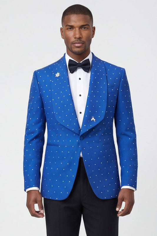 Costume de bal deux pièces bleu pour homme avec revers châle, un bouton et perles