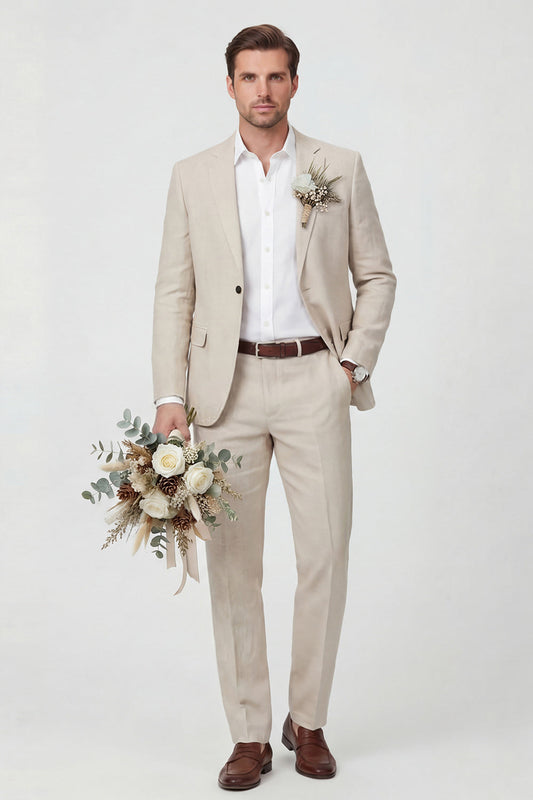 Costume de mariage 2 pièces beige pour homme avec revers cranté et un bouton