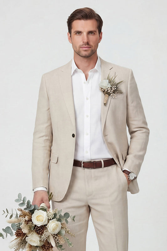 Costume de mariage 2 pièces beige pour homme avec revers cranté et un bouton