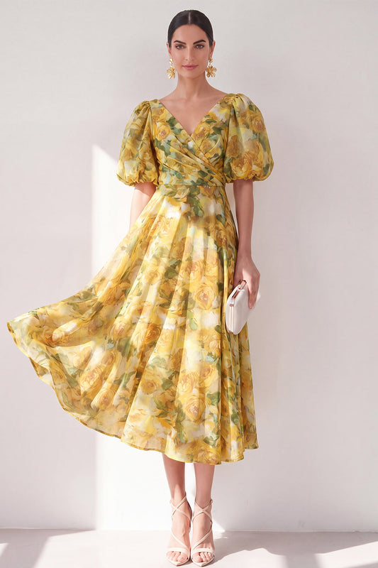 A-Line Yellow V-Neck Ruched Midi Floral Dress with Puff Sleeves