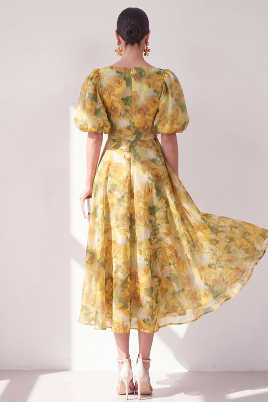 A-Line Yellow V-Neck Ruched Midi Floral Dress with Puff Sleeves