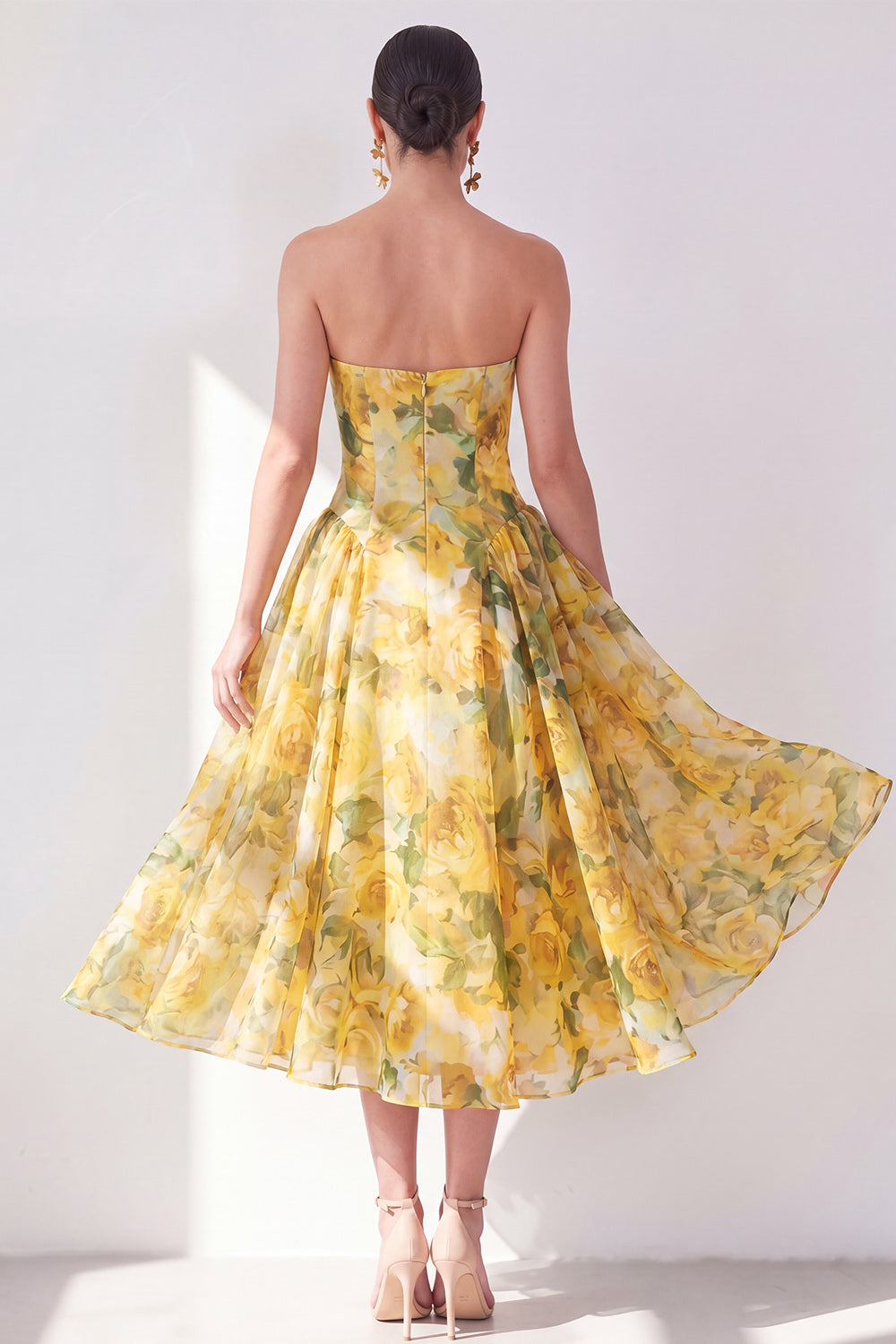 A-Line Yellow Strapless Chiffon Printed Midi Floral Dress