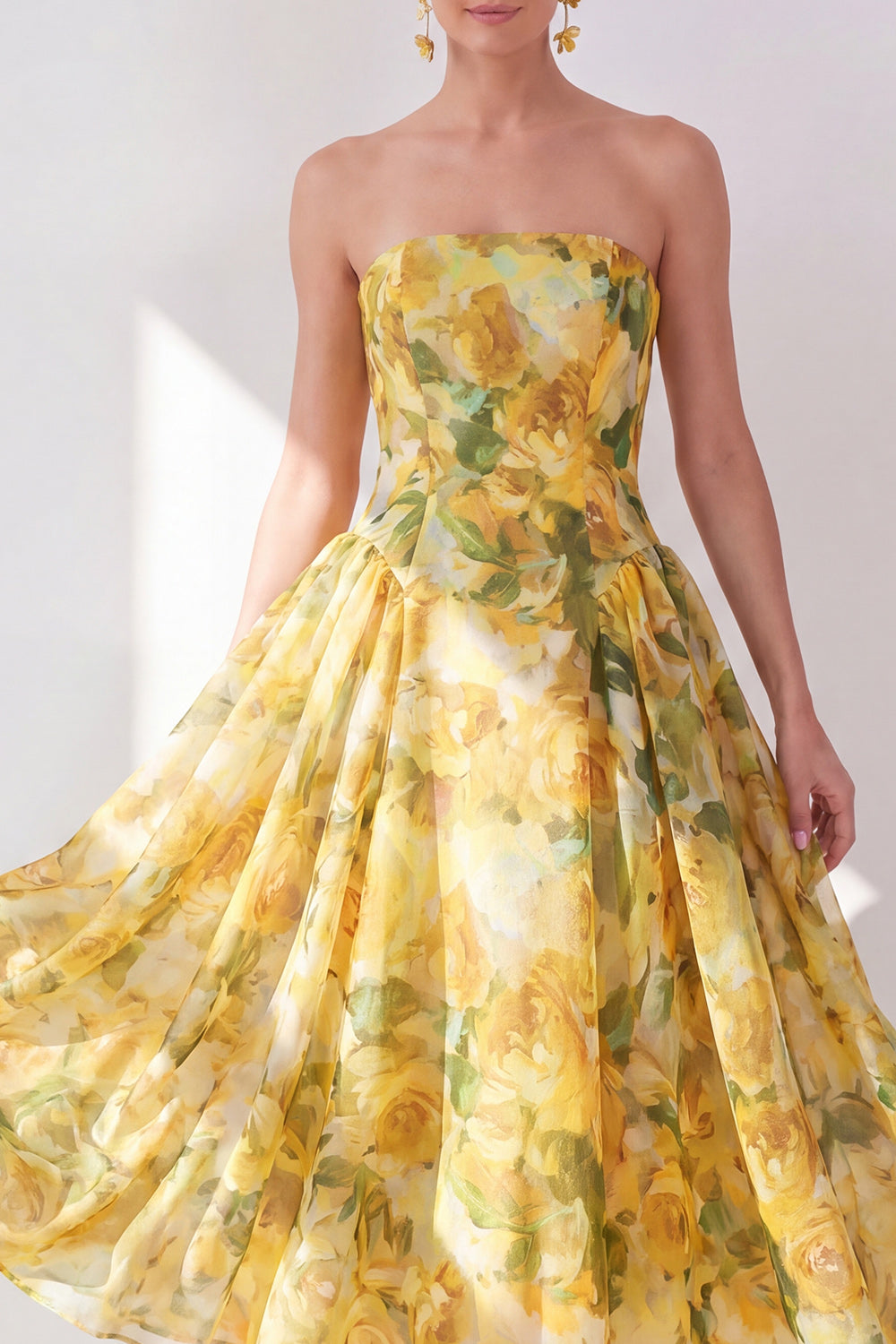 A-Line Yellow Strapless Chiffon Printed Midi Floral Dress