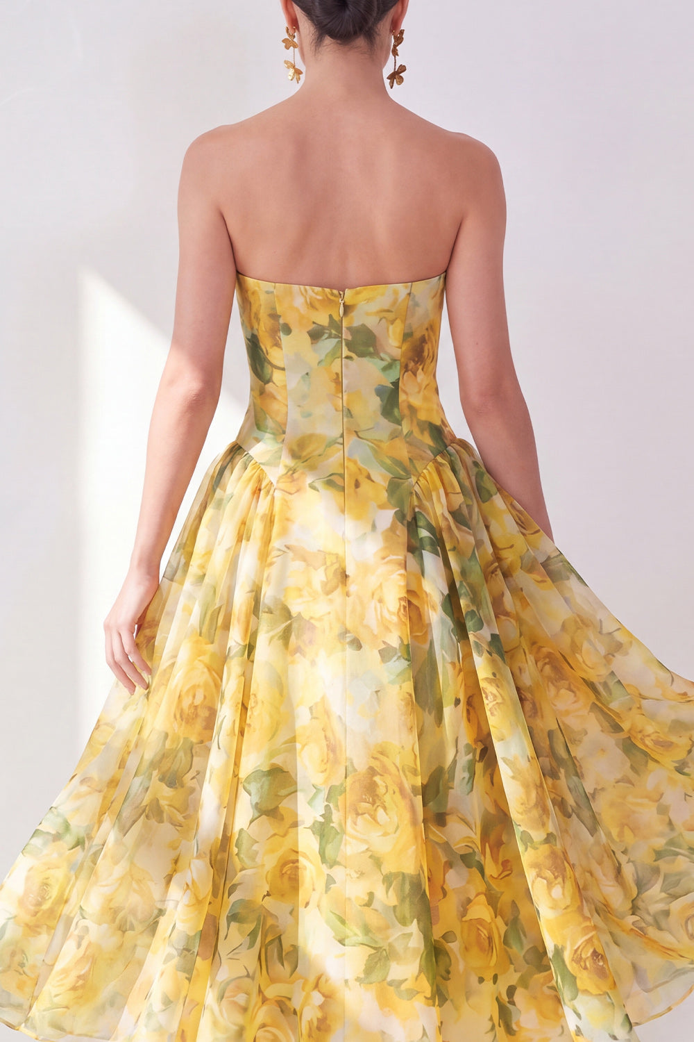 A-Line Yellow Strapless Chiffon Printed Midi Floral Dress