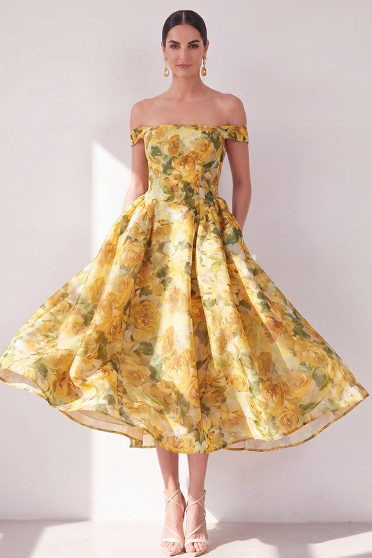 Off the Shoulder A-Line Yellow Chiffon Printed Floral Midi Dress with Pockets