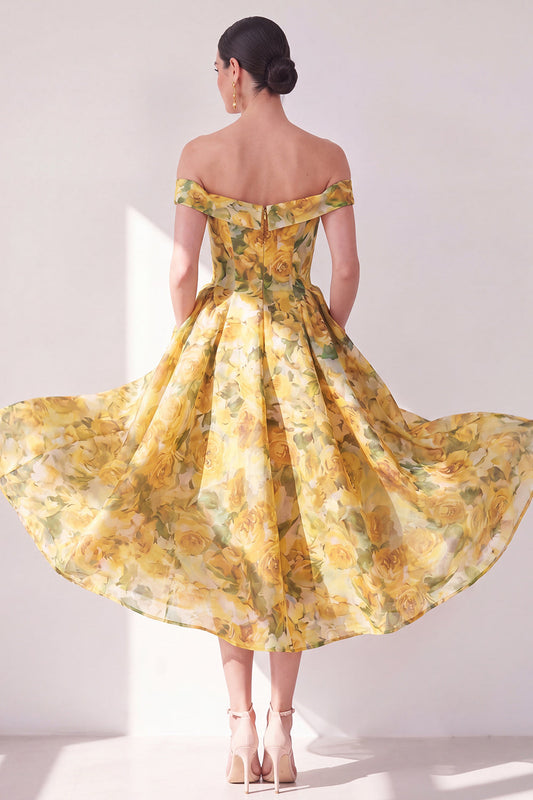 Off the Shoulder A-Line Yellow Chiffon Printed Floral Midi Dress with Pockets