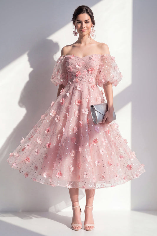 Blush Off the Shoulder A-Line Ruched Sequins Floral Midi Dress