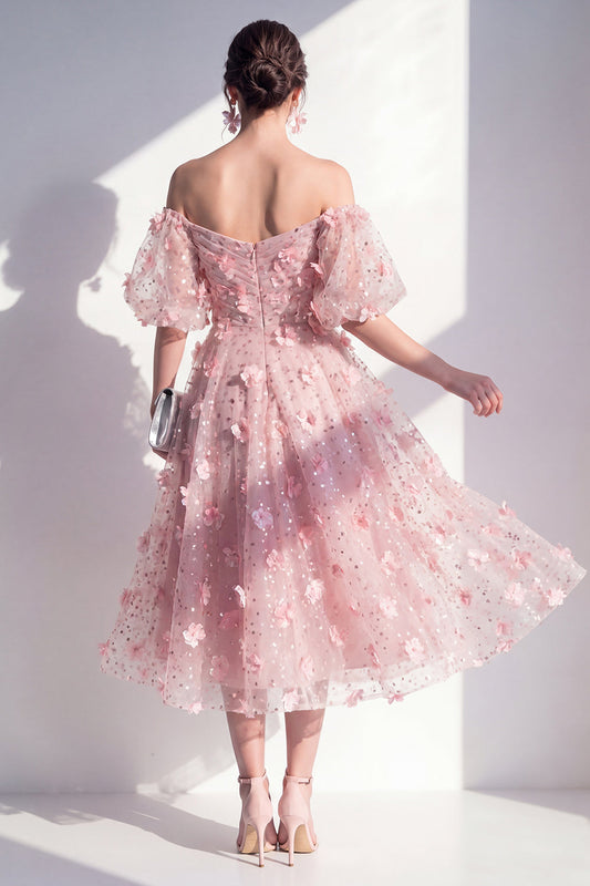 Blush Off the Shoulder A-Line Ruched Sequins Floral Midi Dress