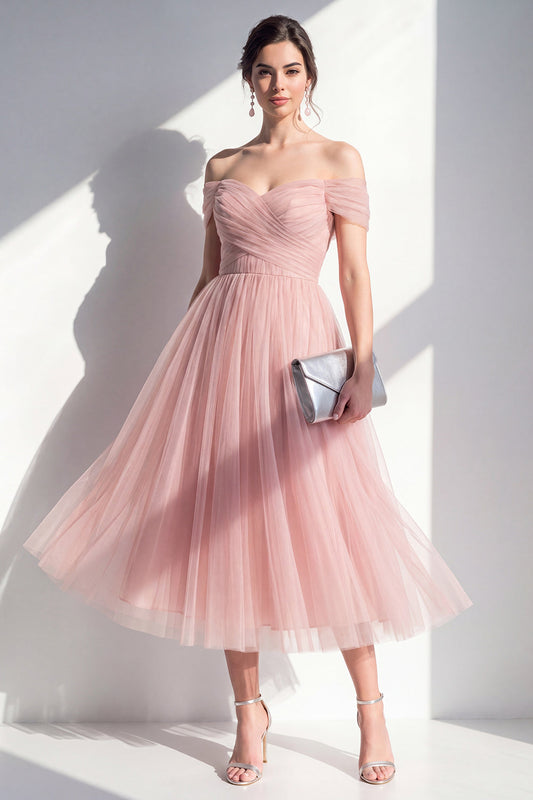Tulle Blush Off the Shoulder A-Line Ruched Midi Dress