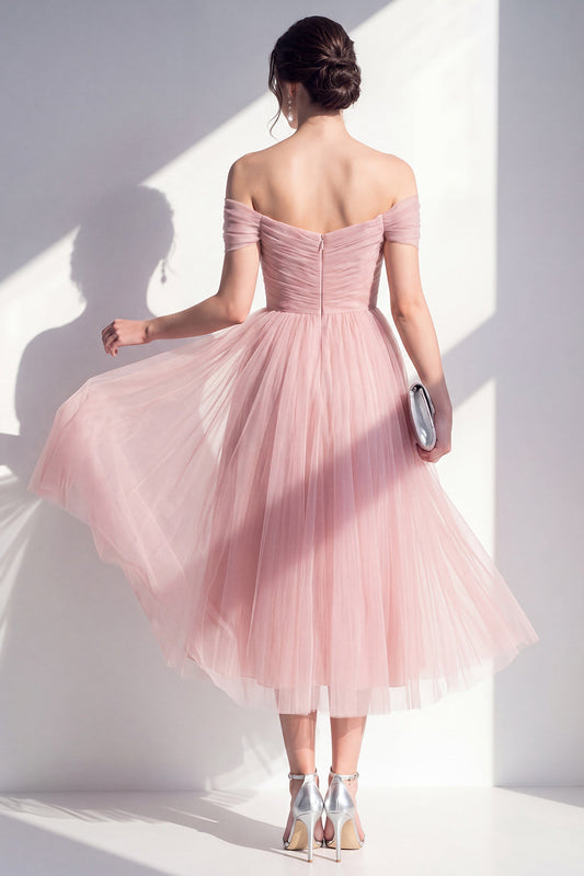 Tulle Blush Off the Shoulder A-Line Ruched Midi Dress