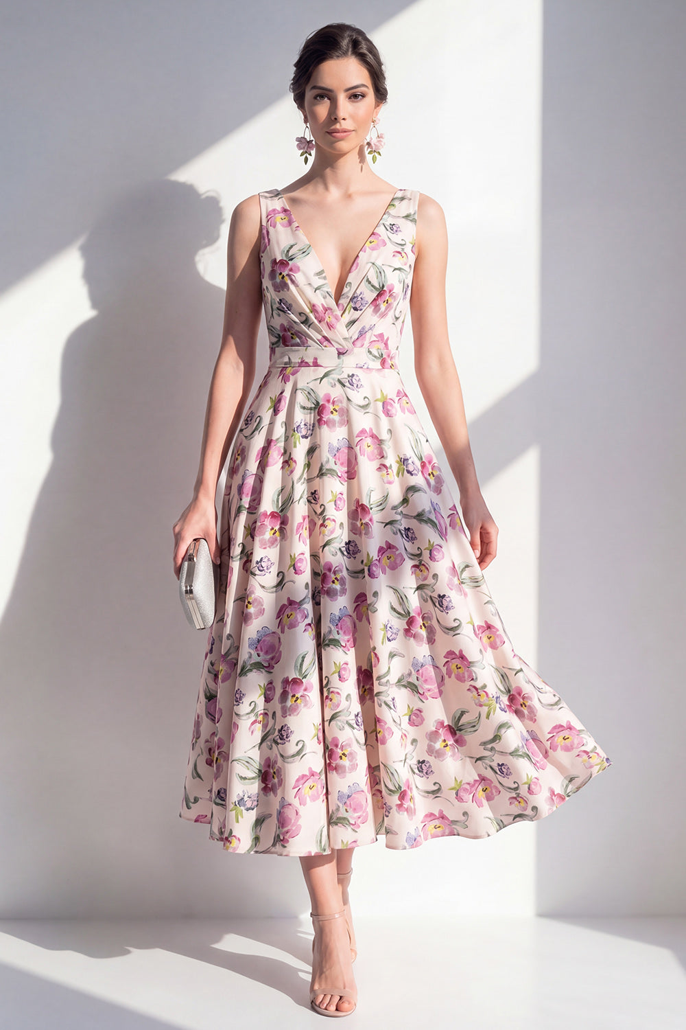 Blush V-Neck A-Line Ruched Midi Floral Dress