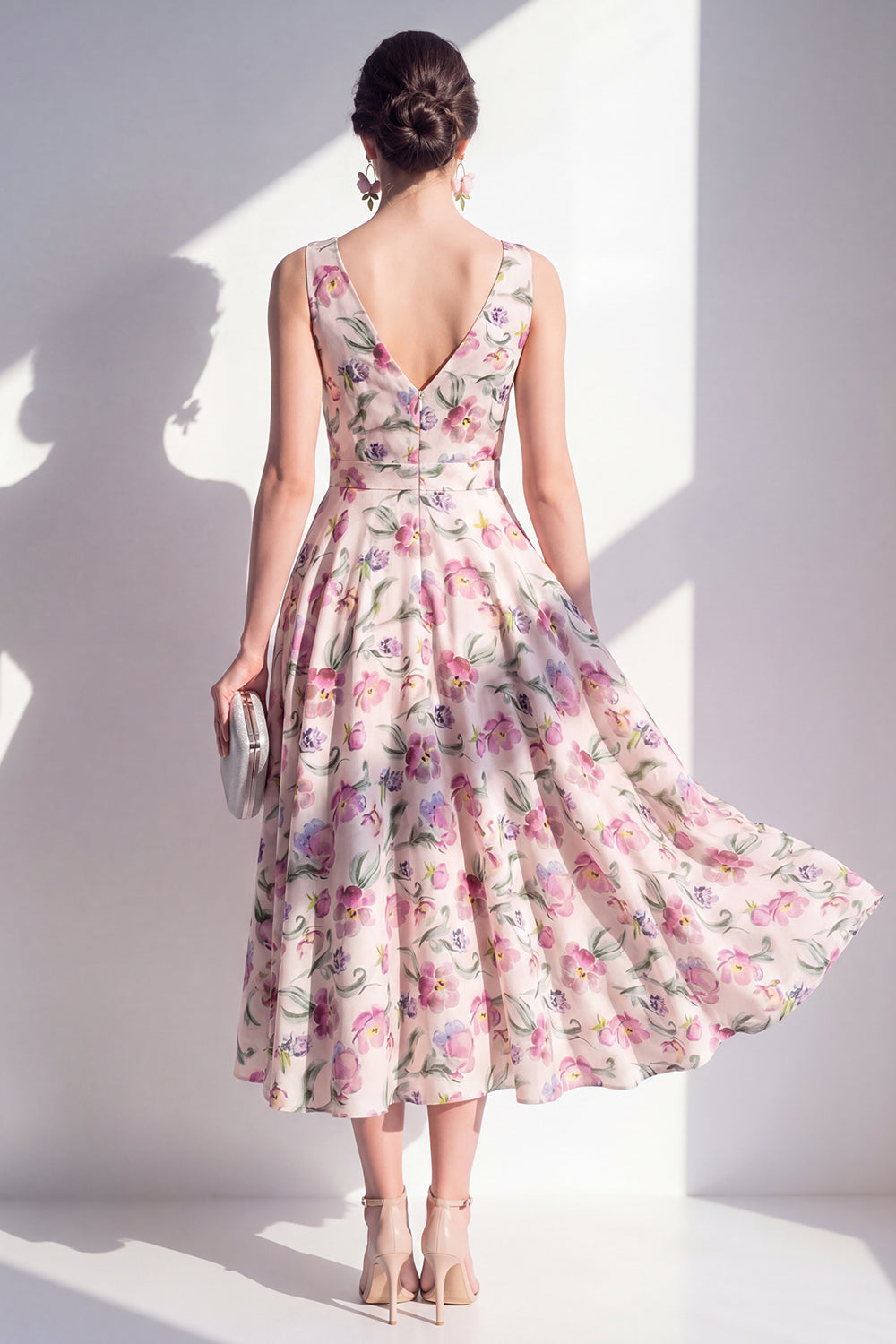 Blush V-Neck A-Line Ruched Midi Floral Dress