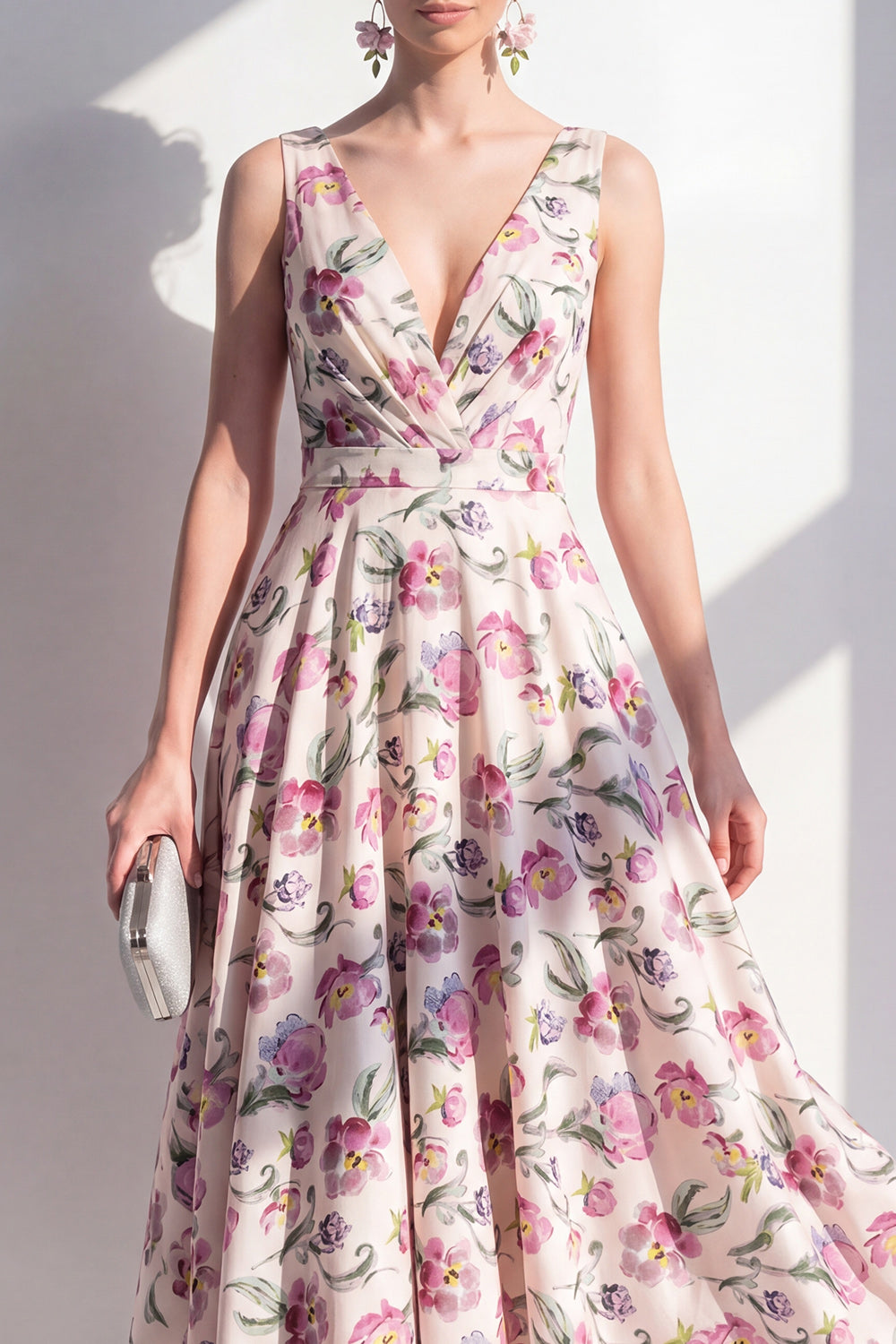 Blush V-Neck A-Line Ruched Midi Floral Dress