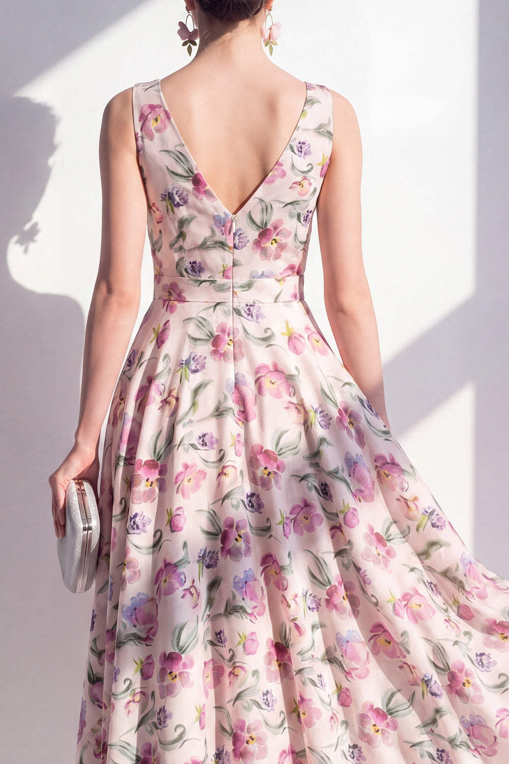Blush V-Neck A-Line Ruched Midi Floral Dress