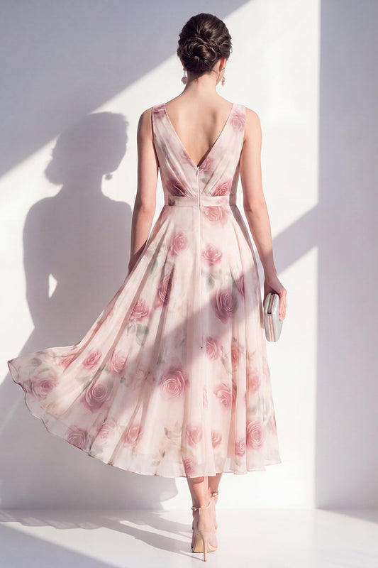 A-Line Chiffon Blush V-Neck Ruched Midi Floral Dress