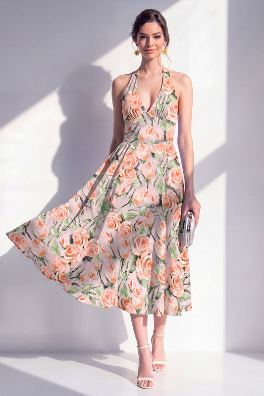 A-Line Pink Flower Halter Neck Midi Dress with Bow